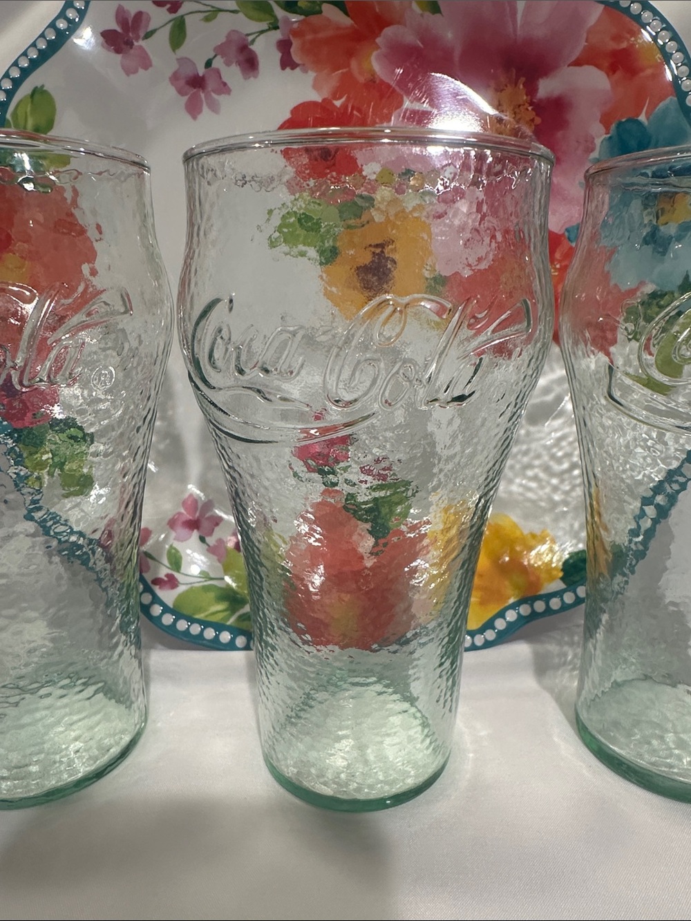 3 Coca Cola Light Green Embossed Glass Tumblers